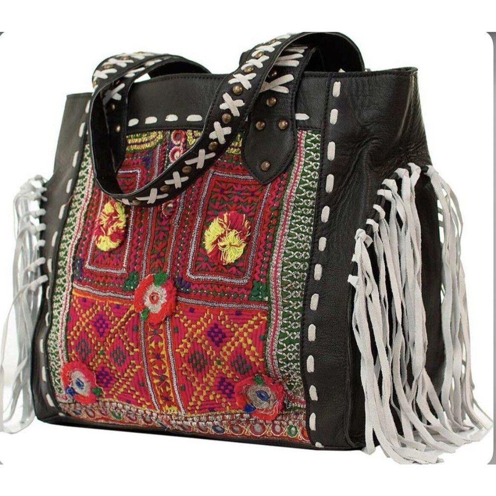 Vintage Addiction Black Leather & Vintage Fabric Tote Bag EUC